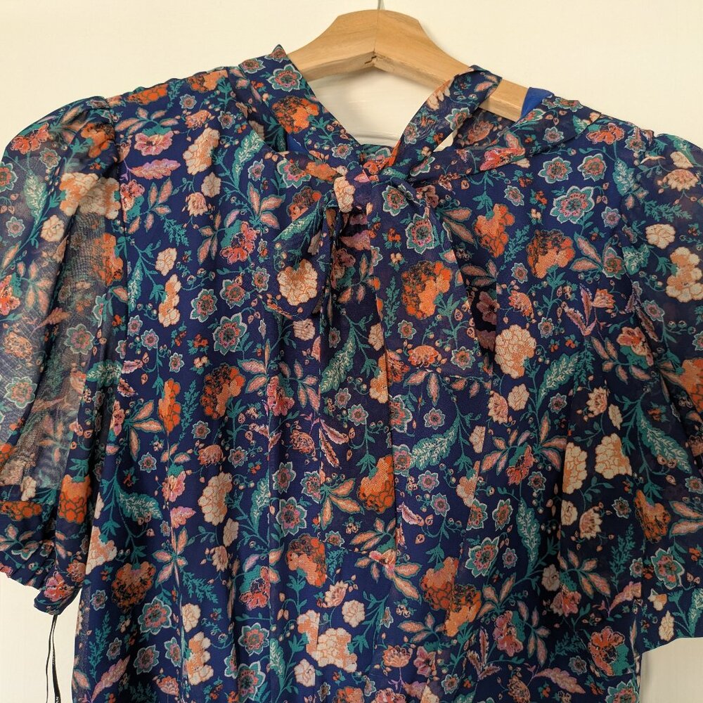 Julia Jordan - Blue Floral Chiffon Midi Dress - Mock Neck, Bow - 8